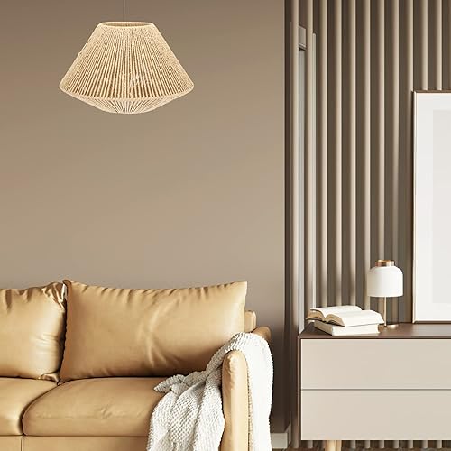 Miniatura 9 de Happyyami Pantalla de lámpara colgante tejida de ratán, pantalla vintage para lámpara de araña, bombilla de luz de jaula de protección, cubierta de