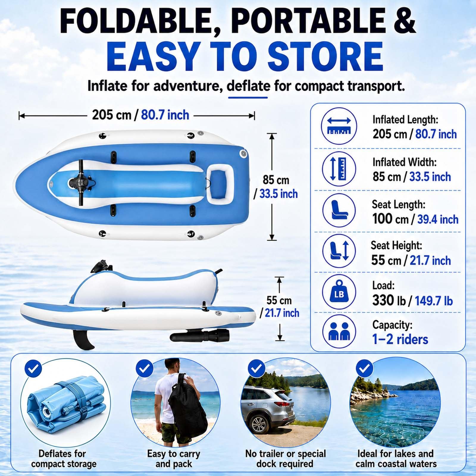 Bote Inflable Plegable Motorizado: PropulsióN Submarina Desmontable de 500 W para Pesca y Actividades de Ocio Boat+700W16APro