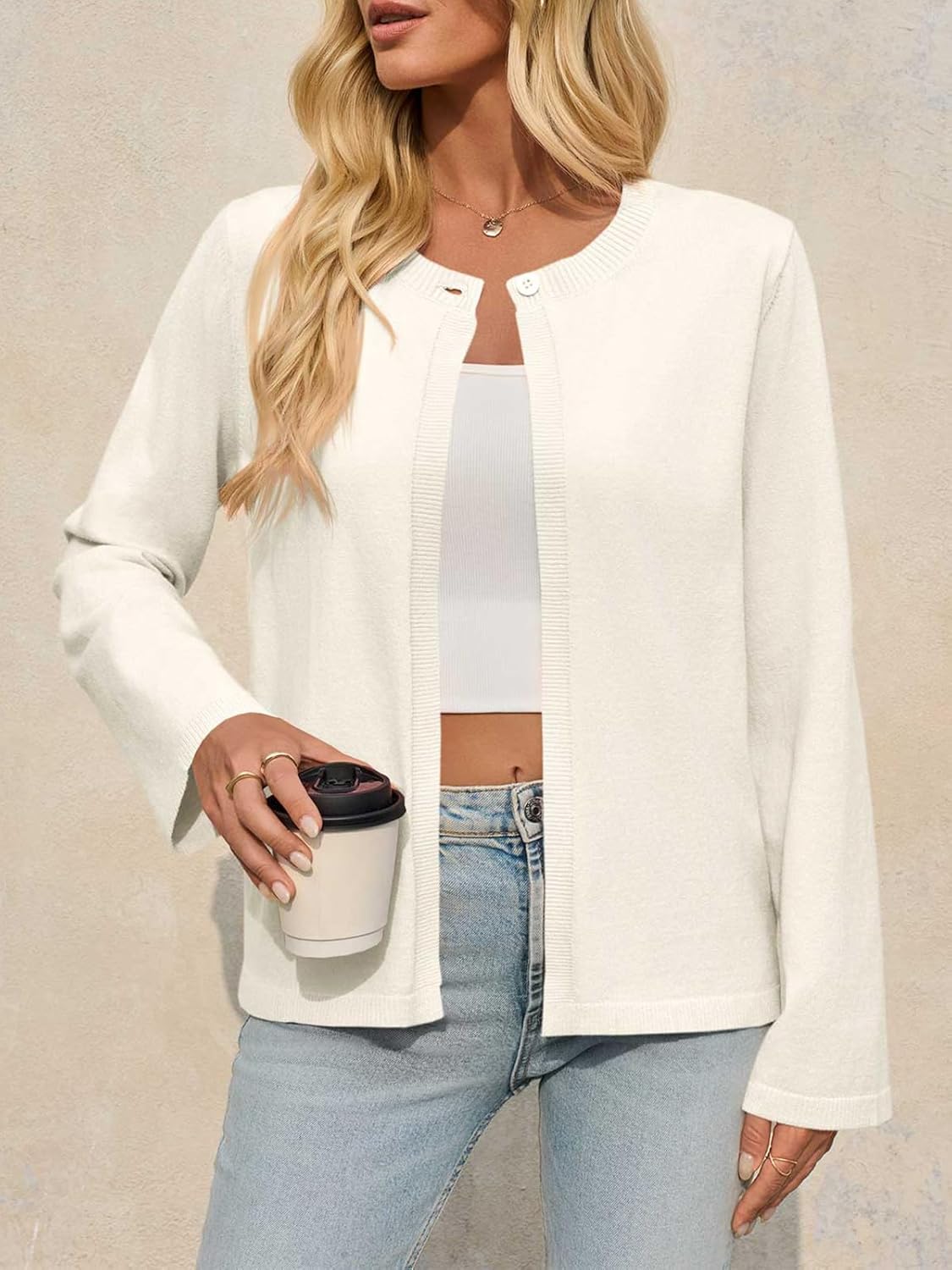 Saodimallsu Womens Lightweight Cardigans Open Front Long Sleeve One Button Casual Crewneck Loose Knit Shrug Sweater - Image 3