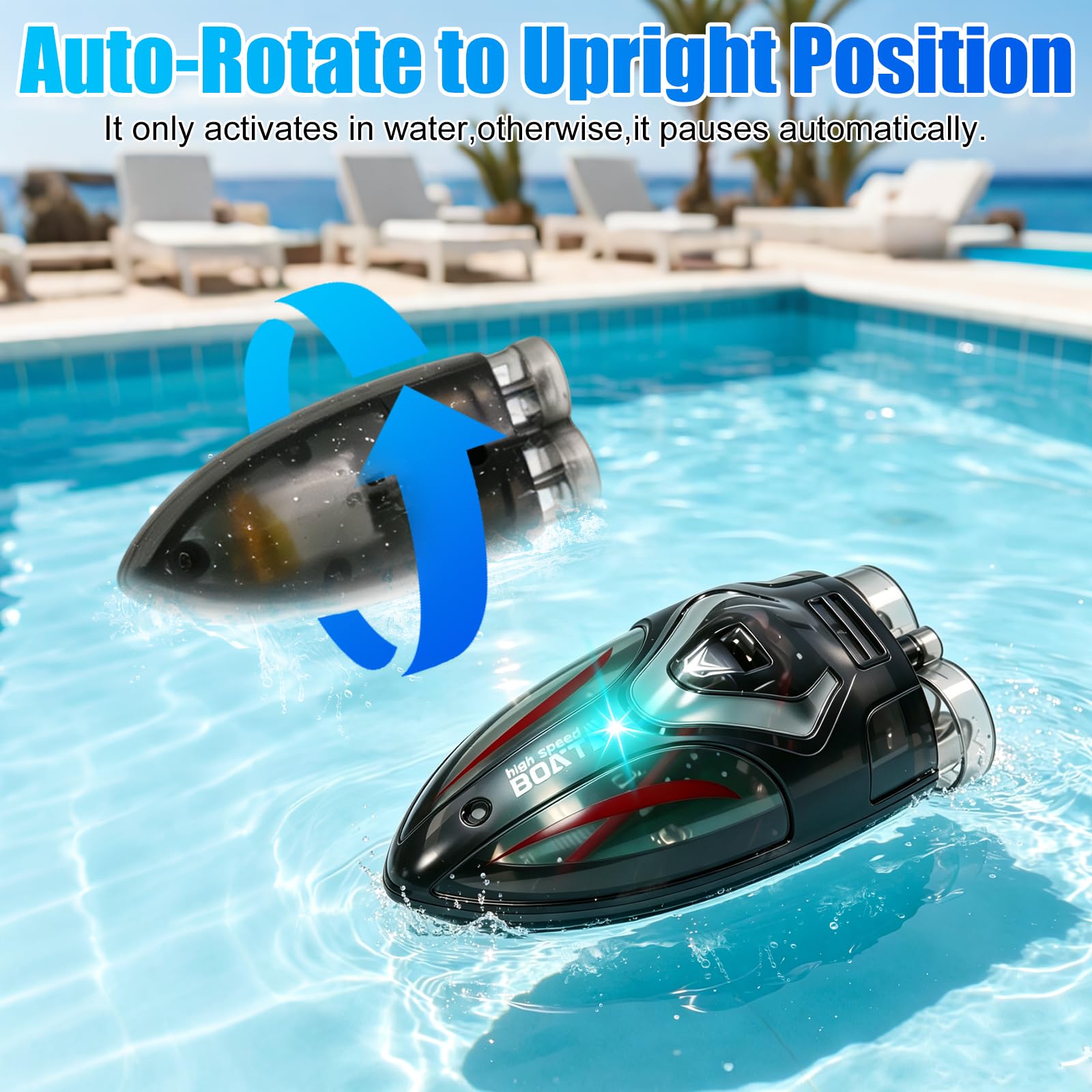 RC Stunt Barca,2 Pezzi Mini Barche Telecomandate con Piscina Gonfiabile | Funzione di rotazione automatica,Spegnimento automatico non appena esce dall’acqua,Adatto per vasche da bagno,piscine,laghi