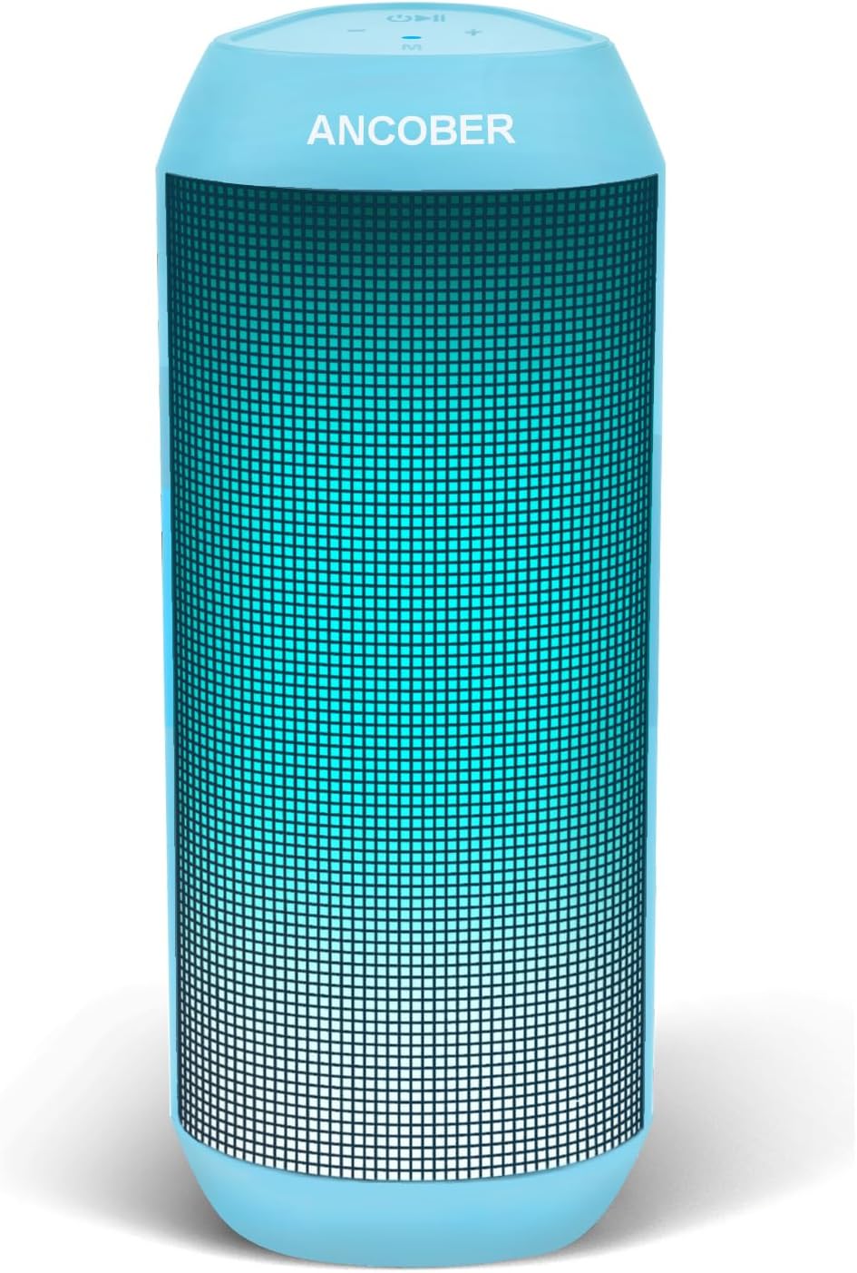 ANCOBER Portable Wireless Bluetooth Speaker in light blue, shown vertically with its dazzling LED lights illuminated.