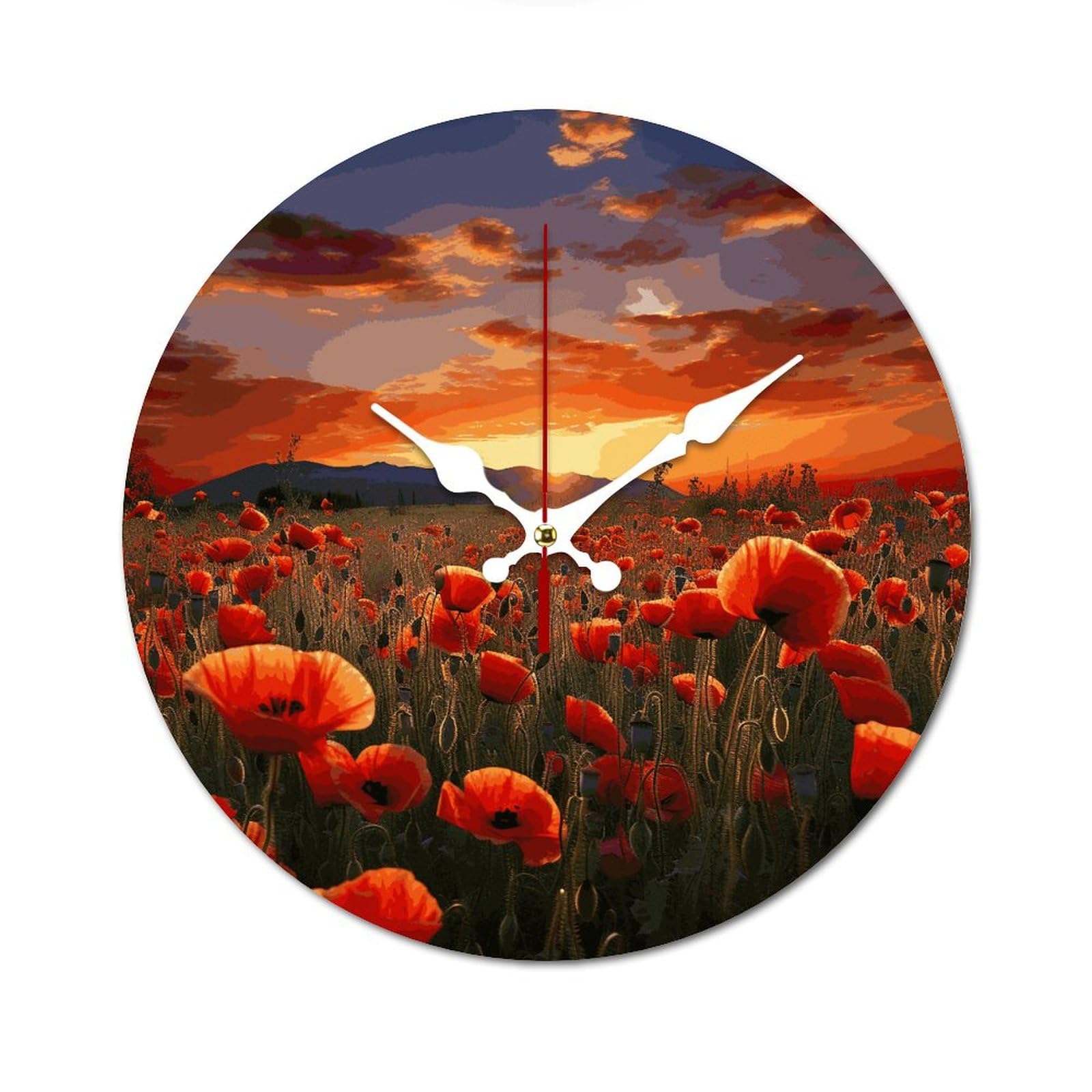 Horloge murale moderne en bois de qualité supérieure motif coquelicots au coucher du soleil