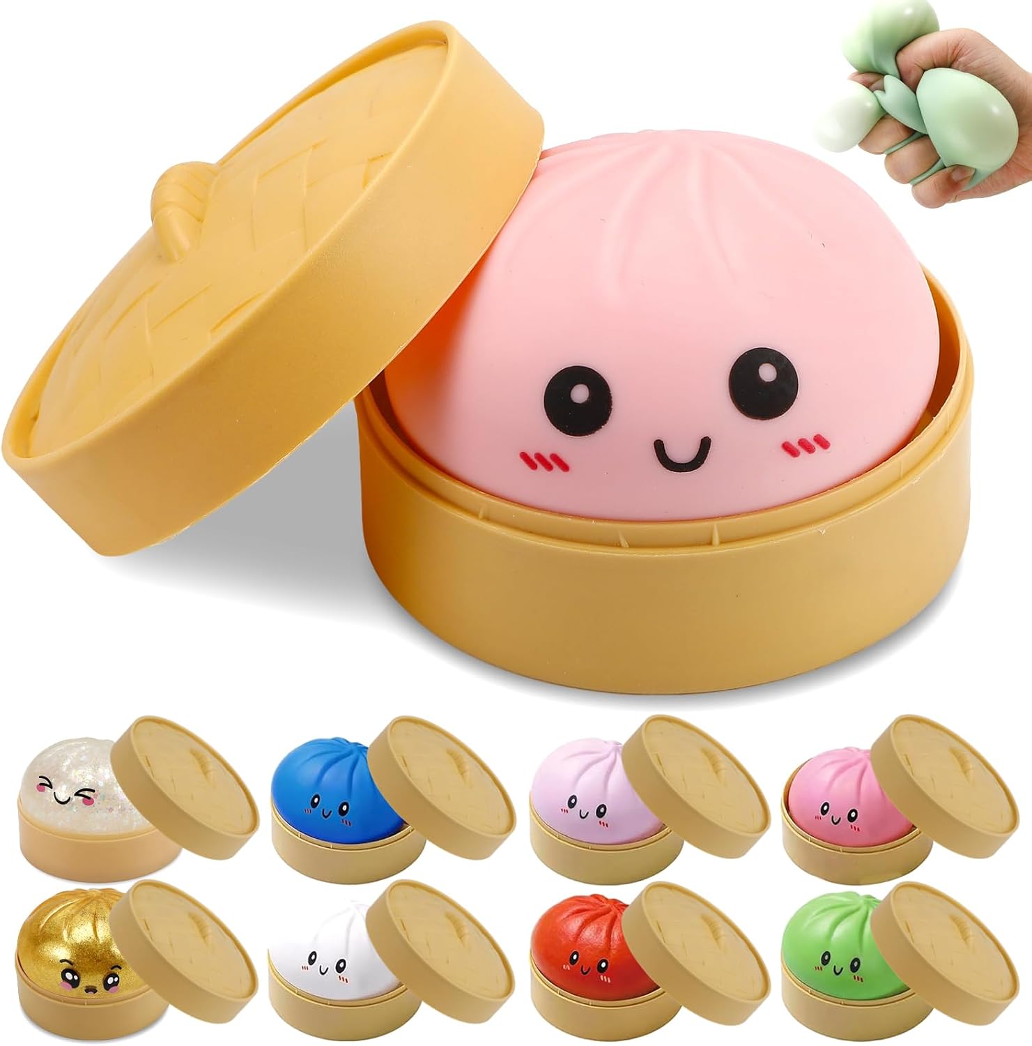 4 Pack Dumpling Squishies, Colorful Dumplings Stress Balls Fidget with Mystery Box Easter Basket Stuffers Stocking Stuffers with Food Steamer Stretchy