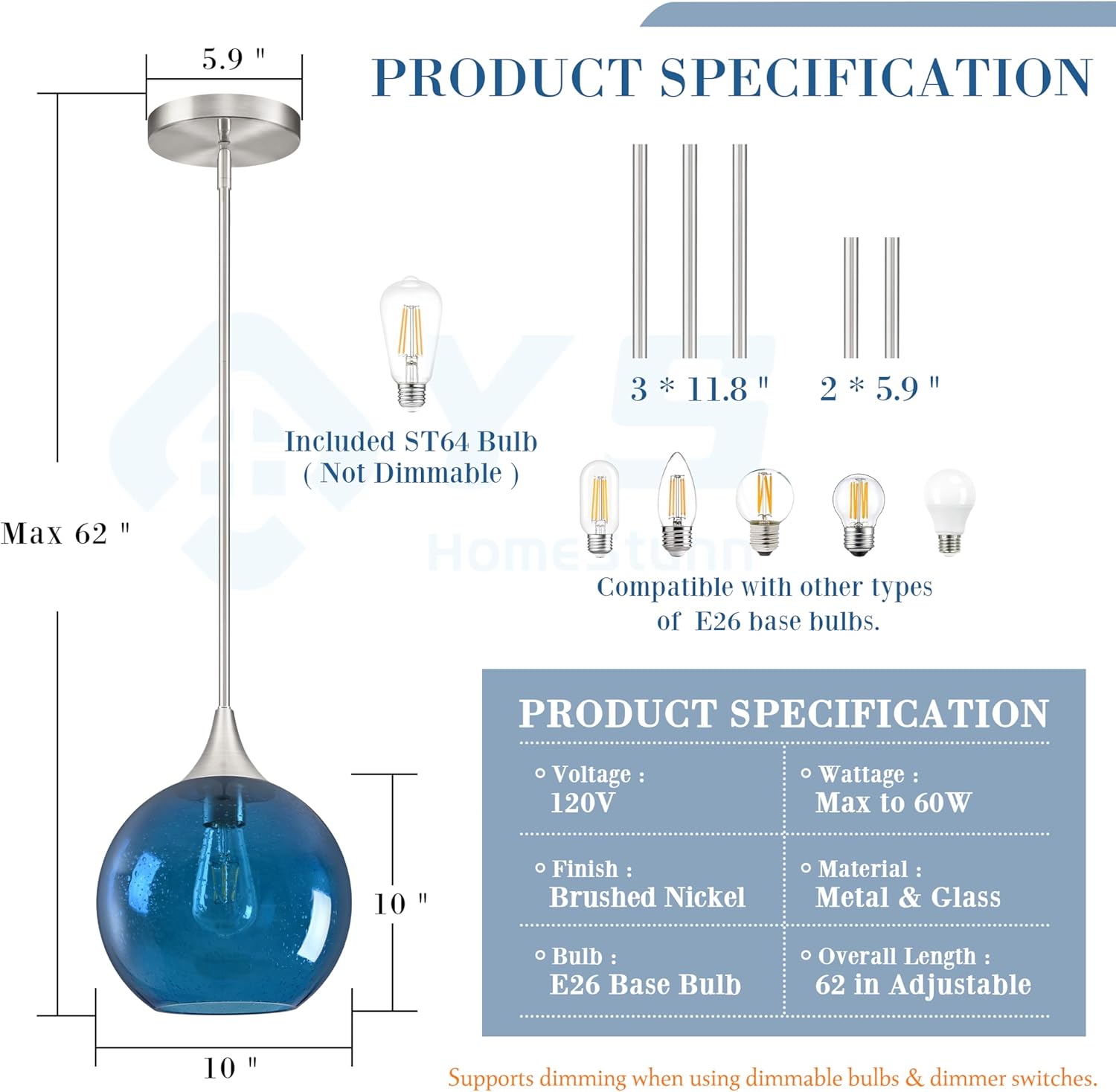 10" Blue Glass Modern Pendant Light Kitchen Island Mid Century Brushed Nickel Modern Pendant Lighting with Glass Globe Modern Hanging Pendant Light for Dining Room Foyer（Bulb Incl.）