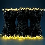 YULETIME 300 Warm White String Lights, 100 ft 8 Models Black Wire 5mm LED | Wide Angle Bulbs, Safe 29V Adapter, Multimode Lighting, Connectable, 100' Total Length, 1-Strand 300 Lights, 4" Spacing