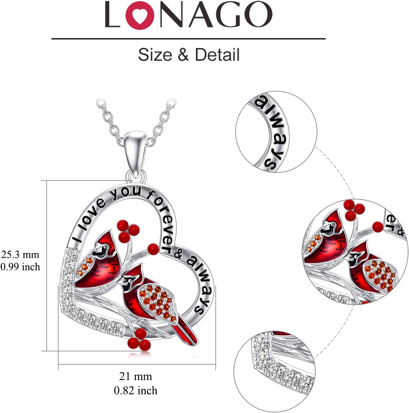 LONAGO Red Cardinal Necklace, Cardinal Pendant Necklace with Cubic Zirconia 925 Sterling Silver Gift for Women - Image 5
