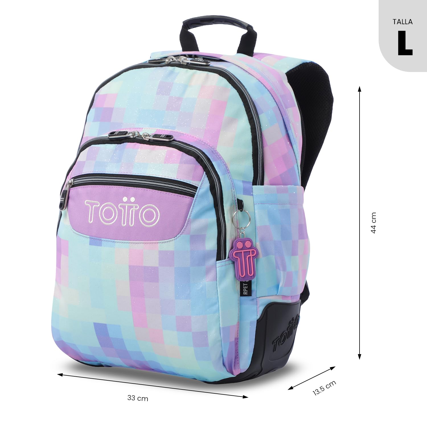 TOTTO - Mochila Escolar Grande, Modelo Rayol Glitter, Capacidad 19 L, 3 Compartimentos, 2 Bolsillos Botella, Bolsillo PC 14", Espaldar Ergonómico con Flujo de Aire, Correas en S, Estampado Pixelly