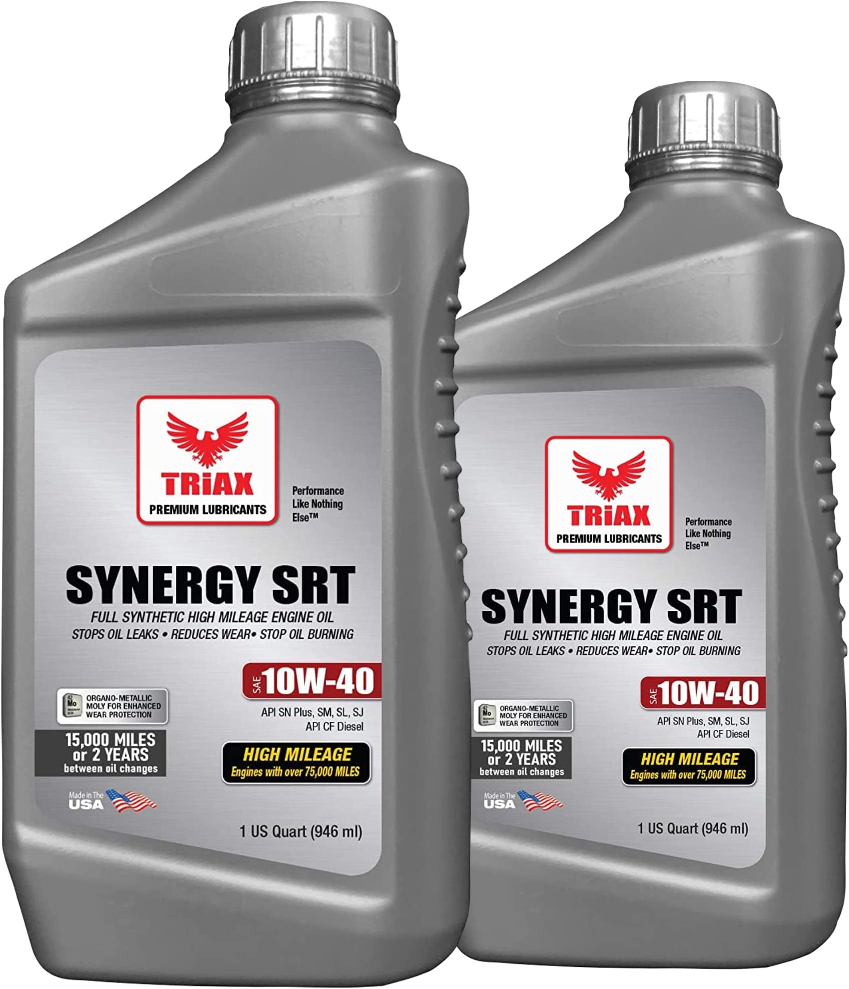 TRIAX Synergy SRT 10W-40 Full Synthetic PAO and Ester Engine Oil, SN+, Dex 1 Gen 2, Moly and Boron Friction Modified, 15K Miles or 2 Years (2 Quart Pack)