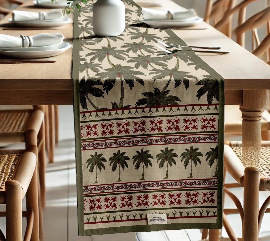 100% Cotton Table Runner - Double Layered with Side Borders - Table Linen - Tree Print for Dining, Console & Coffee Tables
