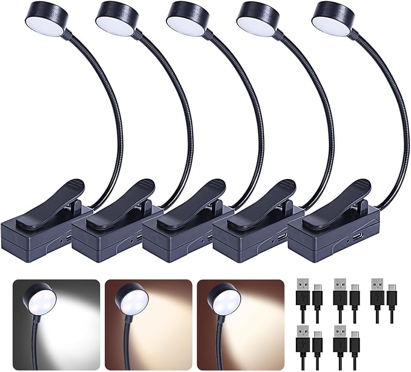 5 Pack Rechargeable Book Light Bulk Clip-On Reading Lights for Books in Bed Long-Lasting 3 Modes & 3 Brightness Levels Compact USB Charging Mini Booklights for Kids Book Lovers Bulk Gifts