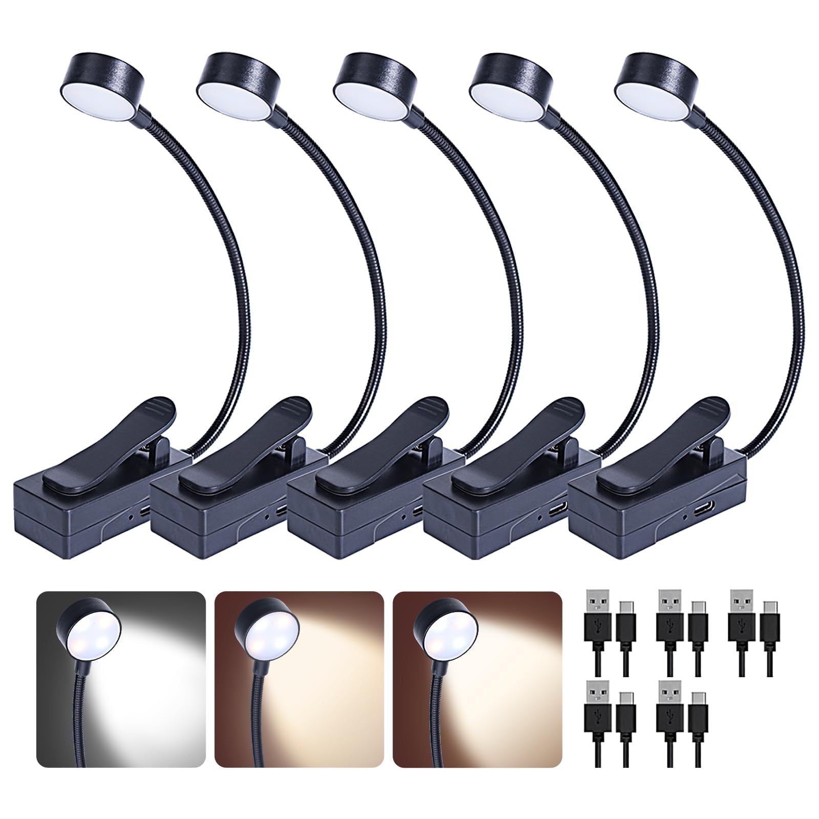 KunHe Lot de 5 lampes de lecture rechargeables à clipser pour livres au lit - Longue durée - 3 modes et 3 niveaux de luminosité - Mini lampes de lecture compactes à chargement USB pour enfants et