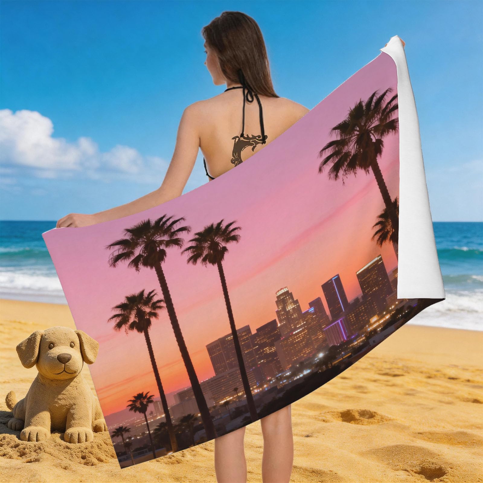 Leichong 3D Cityscape Beach Towel Microfiber Soft Quick Dry for Adults, Tropical Style Bath Towel Lightweight Soft Absorbent for Travel Swimming Pool Sports, 75 x 150 cm