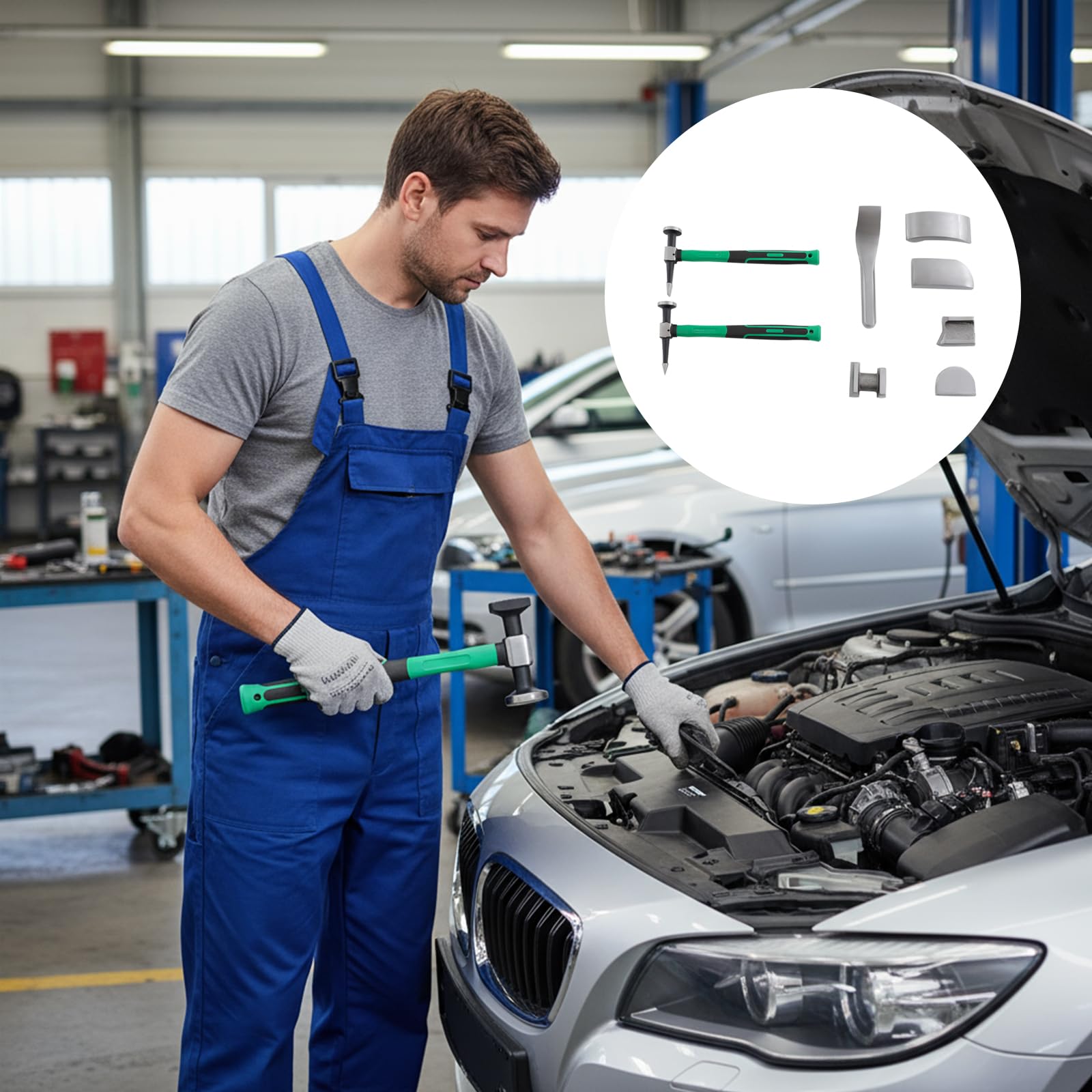 Set di attrezzi per la riparazione delle ammaccature dell'auto, 9 pezzi, con martello e supporto in lamiera, set di riparazione della carrozzeria con cassetta degli attrezzi per auto e moto