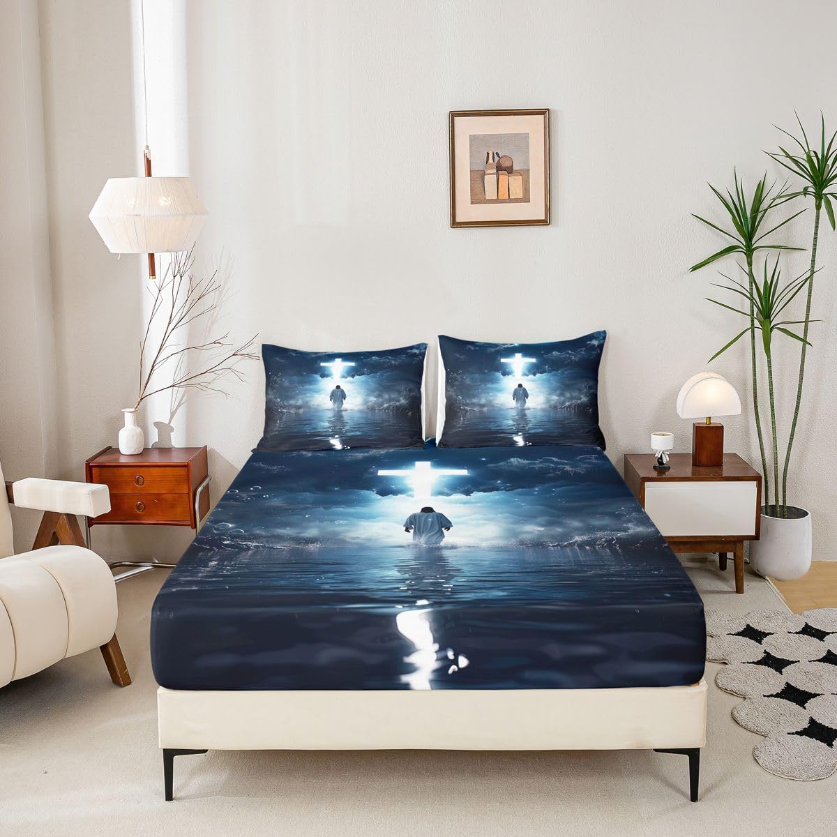 Western Boys Girls Bed Sheets,God Walking on Water Spiritual Room Decor,Biblical Divine Light Kids Twin Size Fitted Sheet,Dark Blue Bedding Set,1 Pillowcase(No Flat)