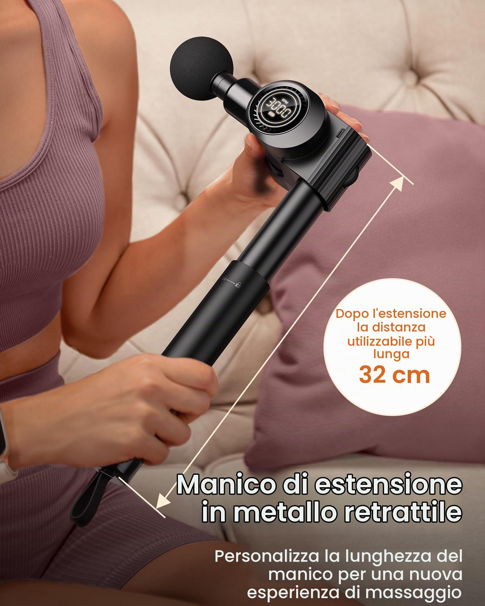 Pistola Massaggio Pieghevole NAPRE: Manico Estensibile & 5 Angoli, Massaggio Schiena/Tessuti Profondi per Dolori, Percussione, 32 Velocità, 6 Testine Silenziosa con Custodia