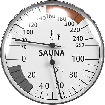 Sauna Thermometer and Hygrometer, 70-250F Range, 2F Accuracy, 0-100% Relative Humidity, Fogproof Large Dial, Battery-Free Stainless Steel, Easy Wall Mount for Sauna Steam Room