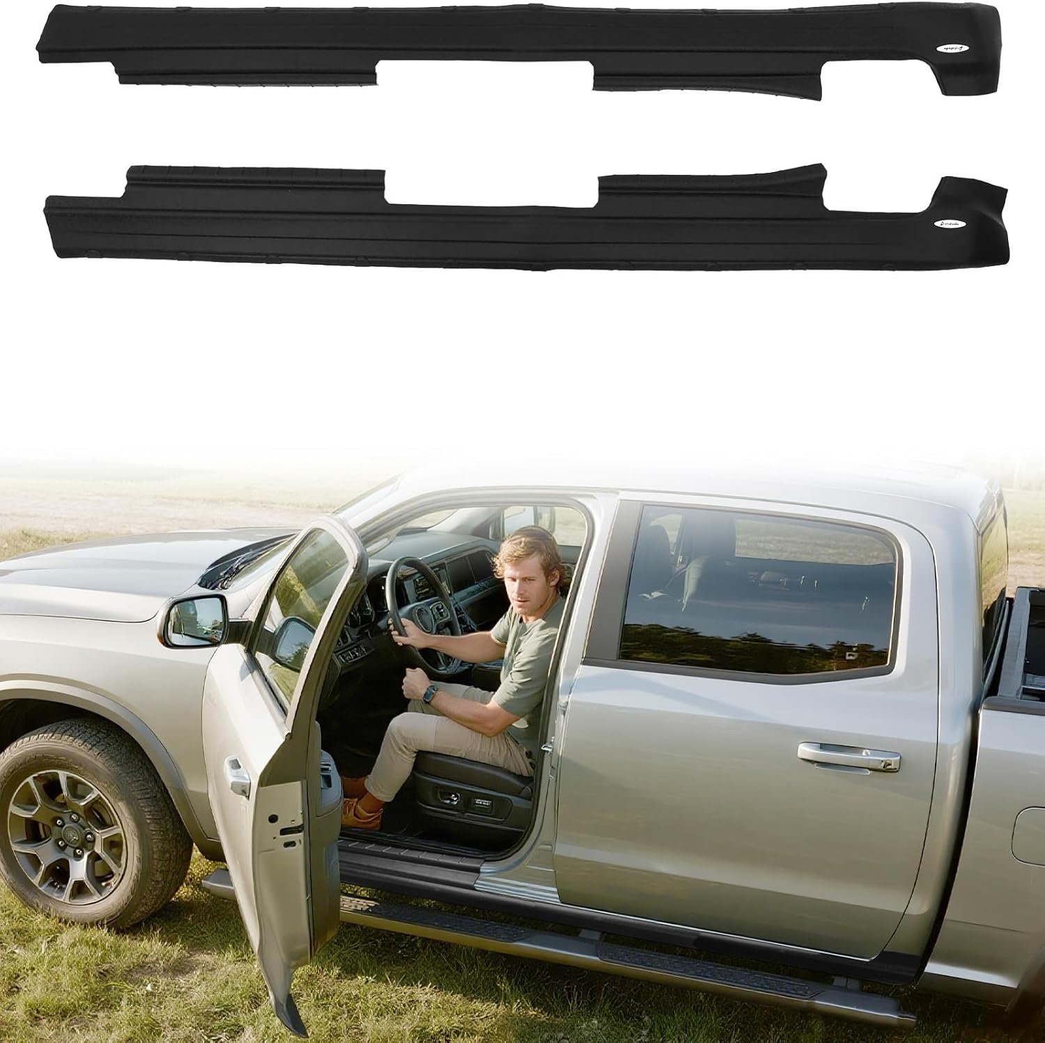 Slip-on Rocker Panel Covers Integrated One-Piece Fit for 2009-2018 Dodge Ram 1500 & 2010-2018 Ram 2500/3500 Crew Cab Only, Flexible TPE, Seamless Look, No Drill