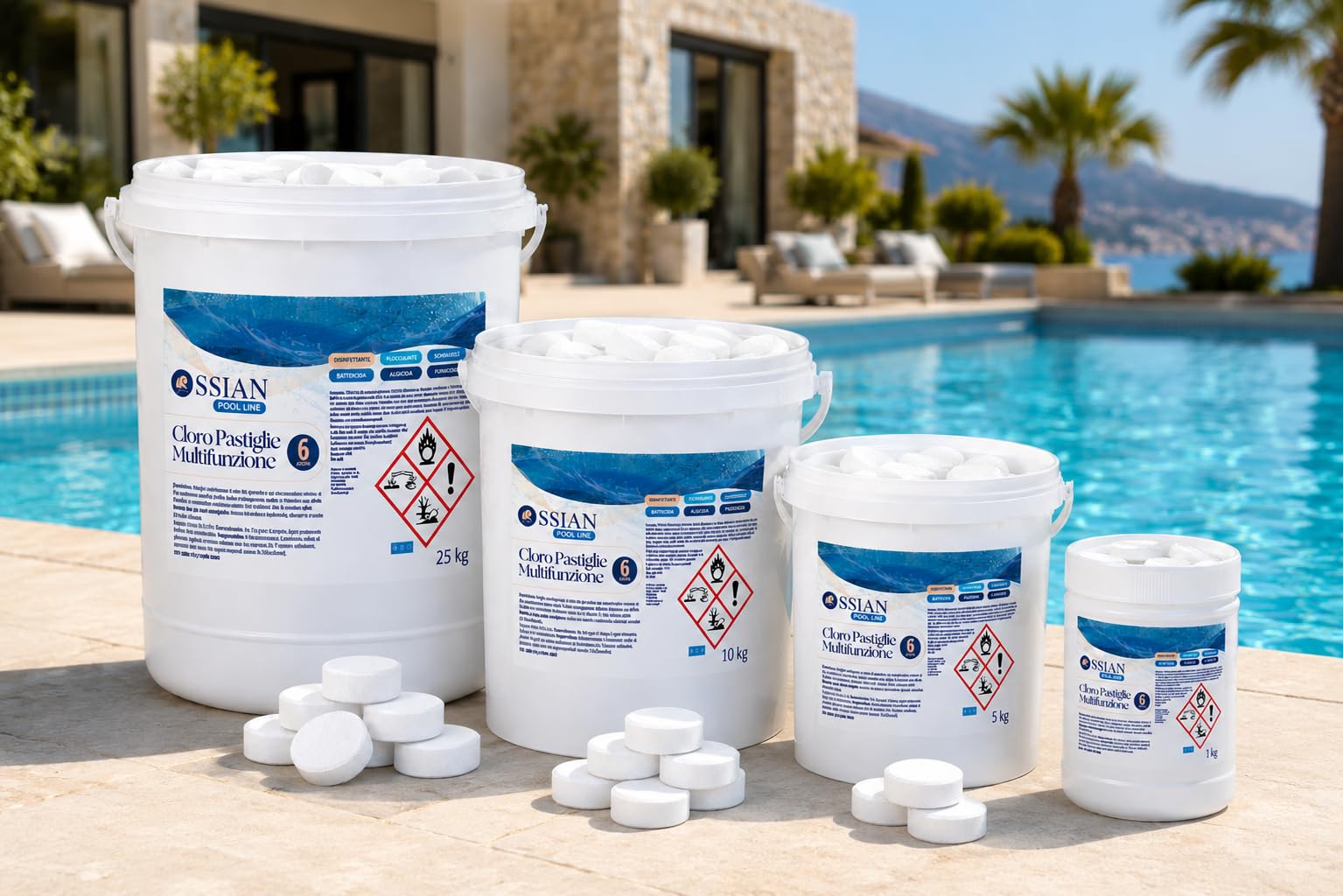 Ossian Pool Cloro Multifunzione 6 Azioni Pastiglie 200 g, Tricloro 90% Antialghe, Flocculante, Stabilizzante pH, Igienizzante, Battericida, Schiarente per Piscina (10 Kg, 10000, grammo, 1)