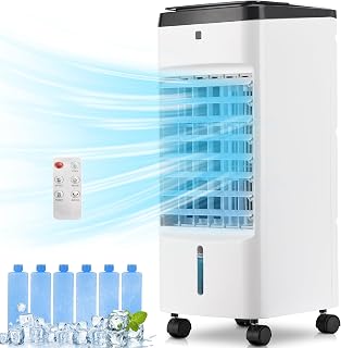 Uthfy Portable Air Conditioners, 3 IN 1 Evaporative Air Cooler with Detachable Water Tank, 6 Ice Packs, 12H Timer, 120° Oscillation, Remote, 3 Speeds, 4 Modes, Swamp Cooler for Bedroom, Milky White