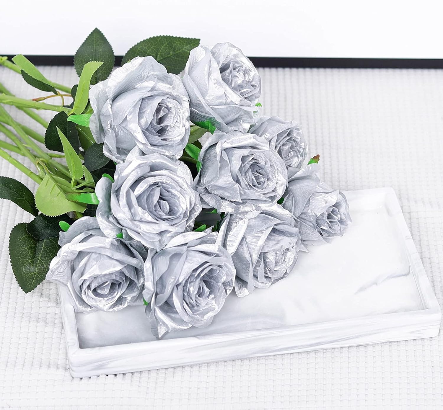 Hawesome 12PCS Artificial Silk Flowers Realistic Roses Bouquet Long Stem for Home Wedding Decoration Party (Silver 1) - Image 6