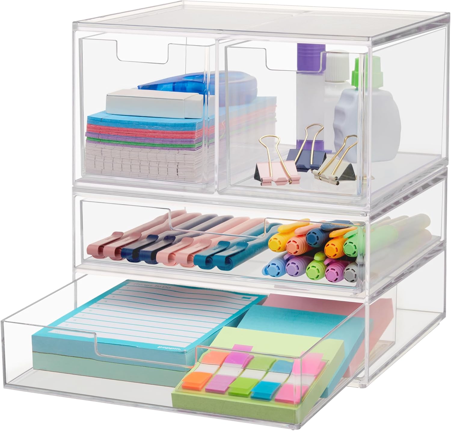 STORi Chloe Space-Saving Clear Drawer Organizer (4 Drawer Set) Sort Office, Kitchen, Beauty Supplies, Makeup, Pens, Jewelry, Stationary, Made in USA Combo Drawer Set
