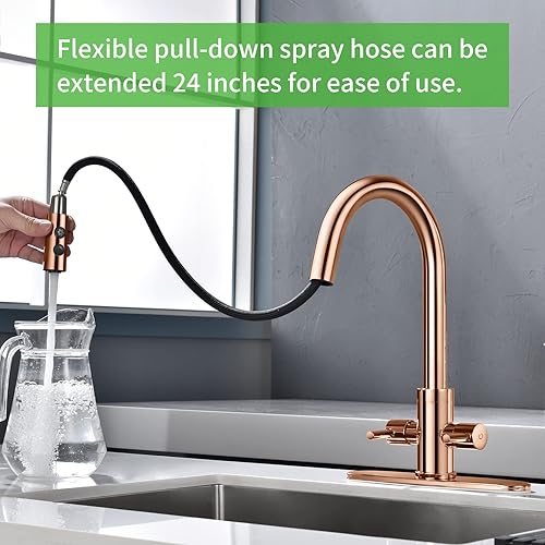 Miniatura 4 de Grifo de Cocina PAKING, Grifo de Fregadero de Dos Manijas con Pulverizador, Acero Inoxidable, Cobre Oro Rosa, PB1048