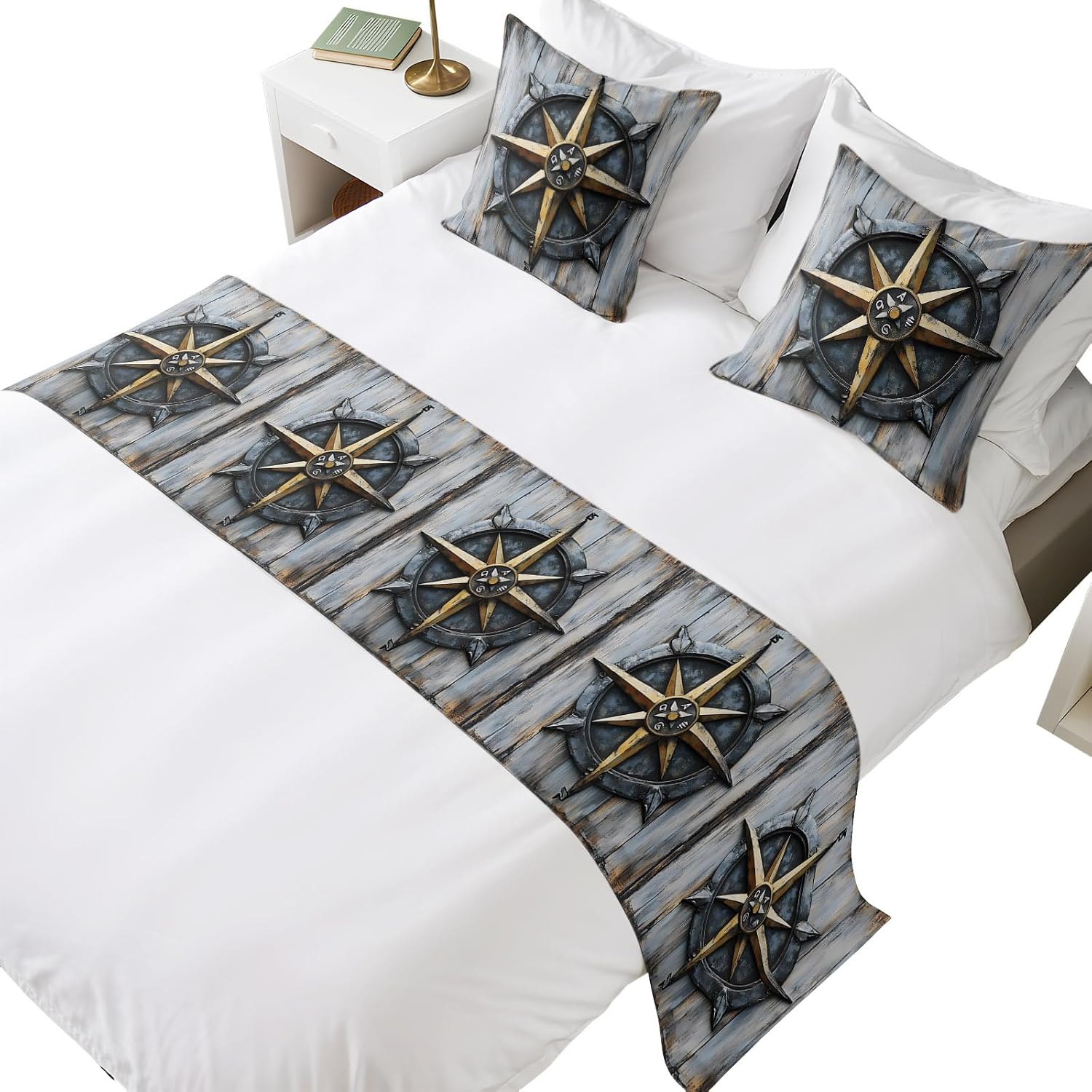 Compass Bed Runner Set, 83 x 20 Inch Navigation Bed Scarf with 2 Matching Pillow Covers, Decorative Bedding Scarf Protection for Bedroom Hotel