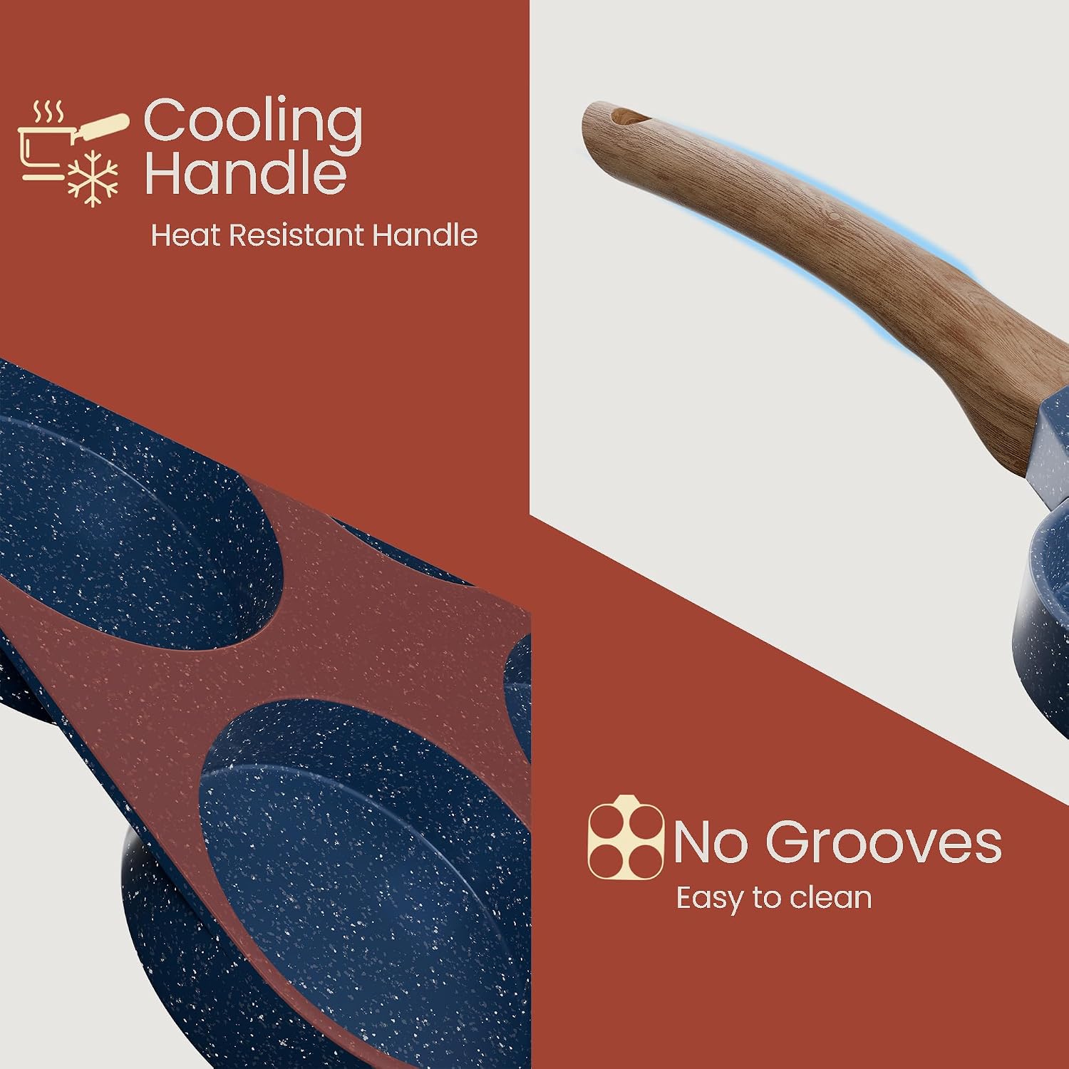 4-Cup Nonstick Frying Egg Pan Blue Marble, Granite Pancake Pan, PFOS & PFOA Free, Die-Cast Aluminum with Heat-Resistant Handle, 500°F Stove-Safe, Compatible with Induction, Gas & Electric Cooktops