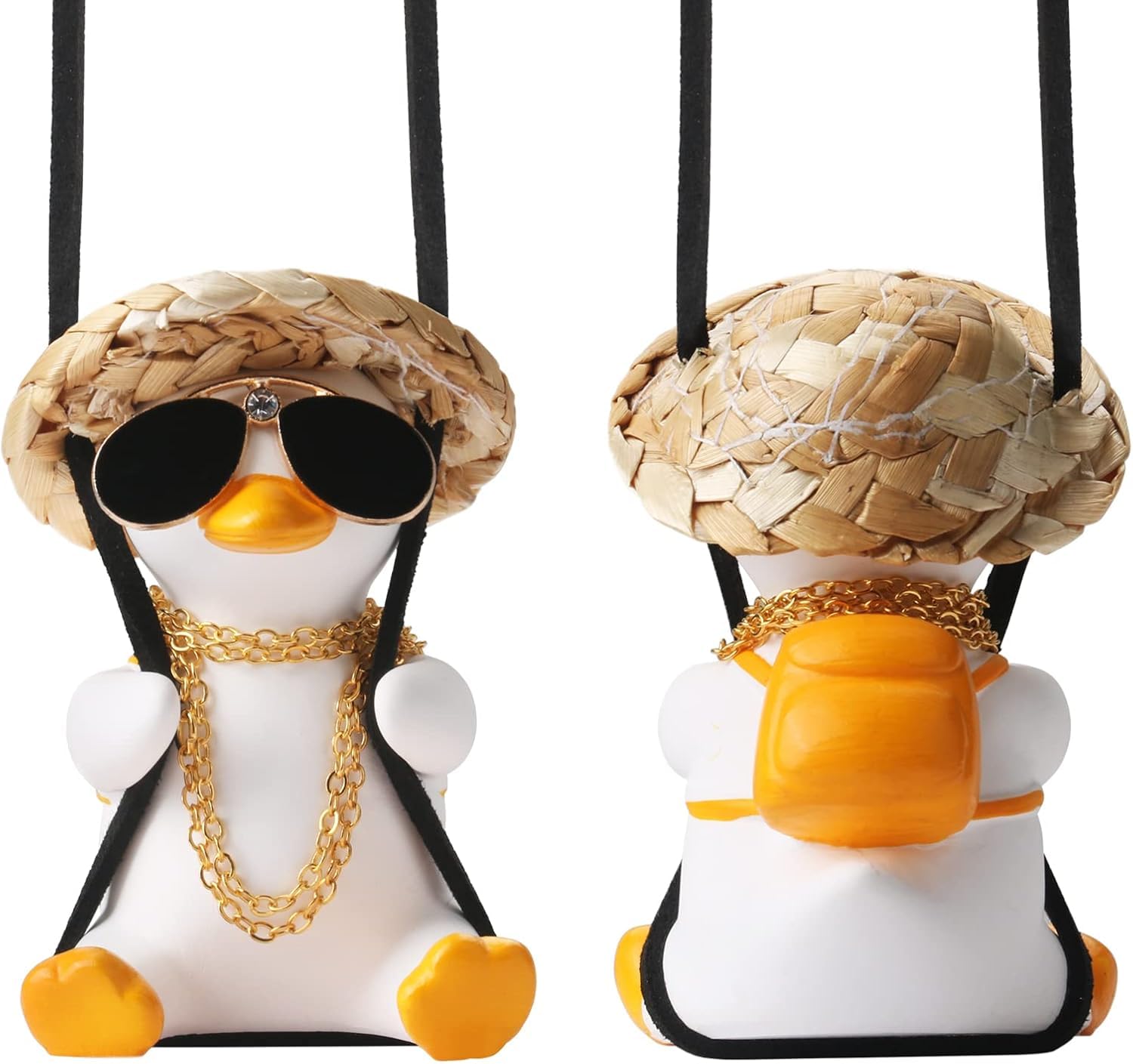 Swinging Car Duck, Cute Car Interior Hanging Accessories for Rear View Mirror, Swinging Duck Car Hanging Ornament, Car Pendant Sunglasses Duck Hanging Swing (Straw Hat)