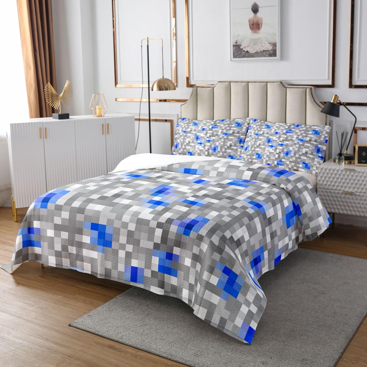Szaro-niebieska pled w kratkę, 2 sztuki, motyw gry, dla dzieci, nastolatków, dorosłych, abstrakcyjna geometryczna patchwork, dekoracja, zestaw pościeli, rozmiar S