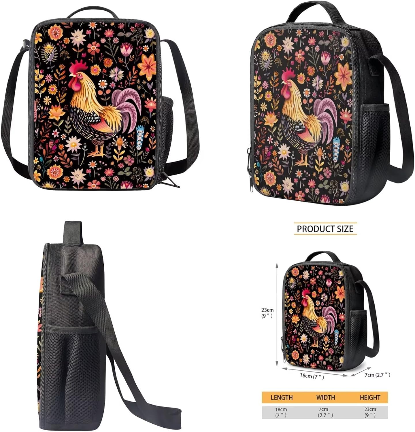 Xoenoiee Boho Floral Chicken Print 3Pcs Bookbag+Lunch Box+Pencil Bag for Students 17in Large School Bag Backpack Set for Boys Girls Back To School