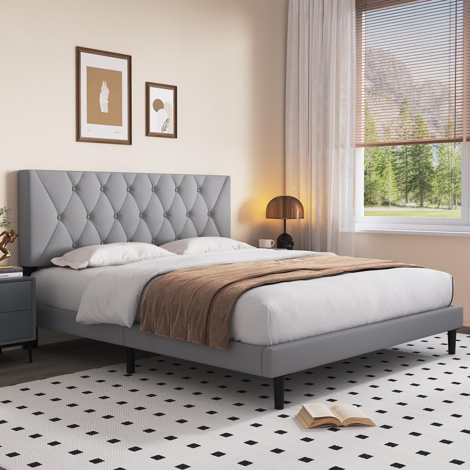 Generic Queen Size Platform Bed Frame with Adjustable Headboard, Linen Fabric Wrap, Wooden Slats Support, Solid and Stable, No Box Spring Needed, Non-Slip and Noise-Free, Easy Assembly, B Light Grey