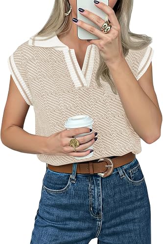 Saodimallsu Womens Short Sleeve Sweater Tops V Neck Polo Shirts Summer Casual Lo