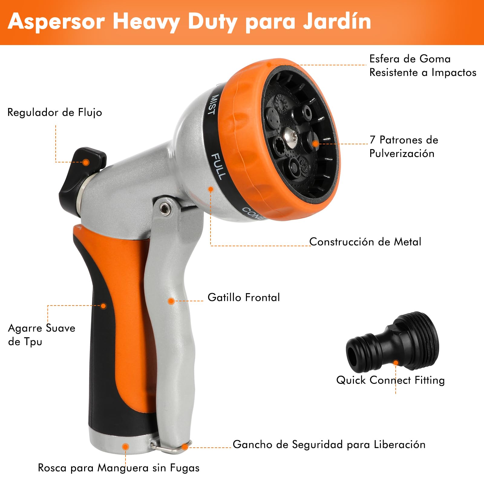 RESTMO Pistola de Riego de Metal, Pistola Manguera Jardín Alta Presión, 7 Modos de Pulverización Ajustable, Ideal para Regar Plantas y Césped, Lavado de Coches y Mascotas, Naranja