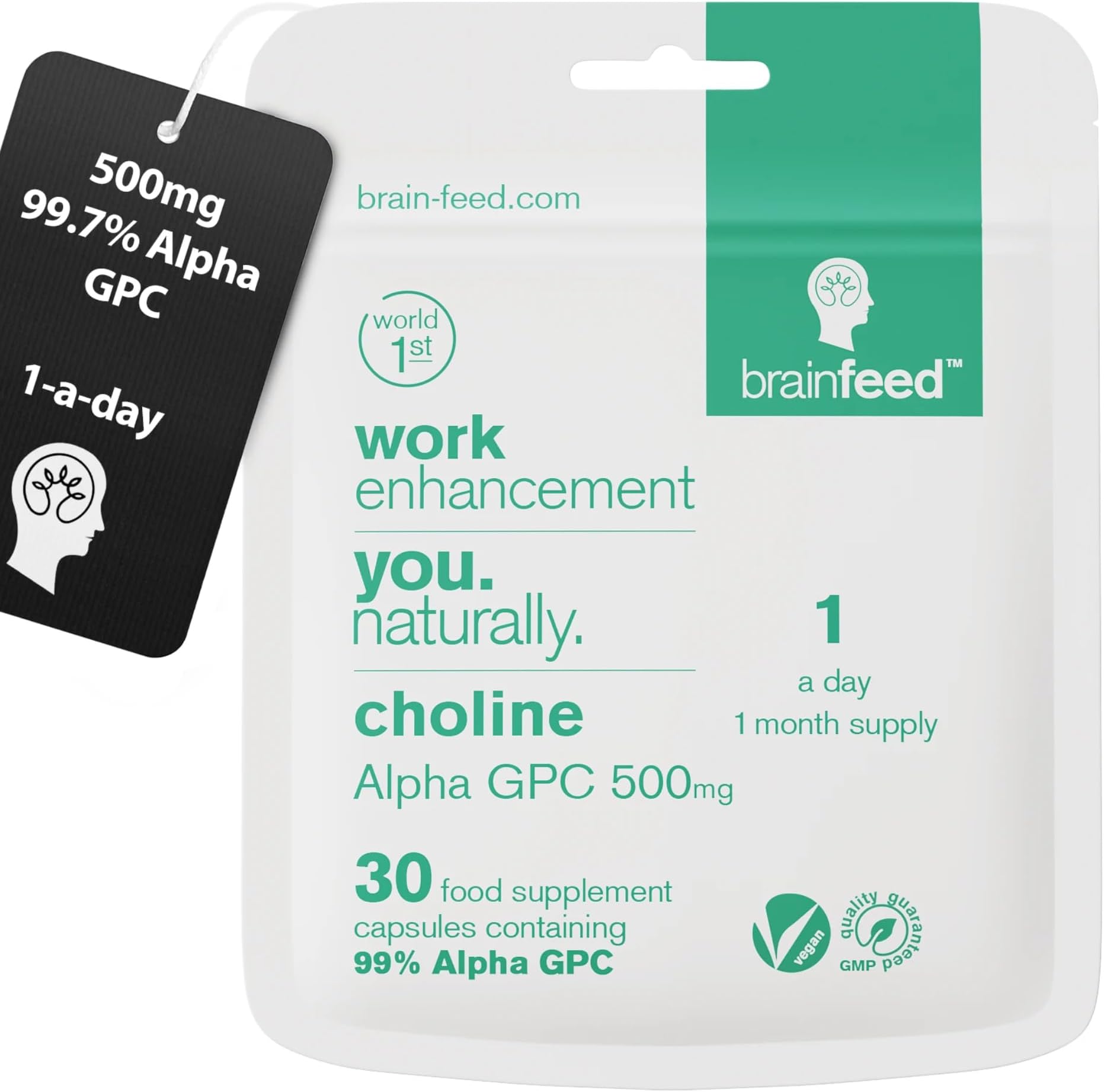 Alpha GPC Capsules (30) | 1-a-Day | 99.7% Alpha-GPC Choline Supplement | 500mg | Nootropic Alpha Brain Supports Memory & Cognition | Acetylcholine Supplement