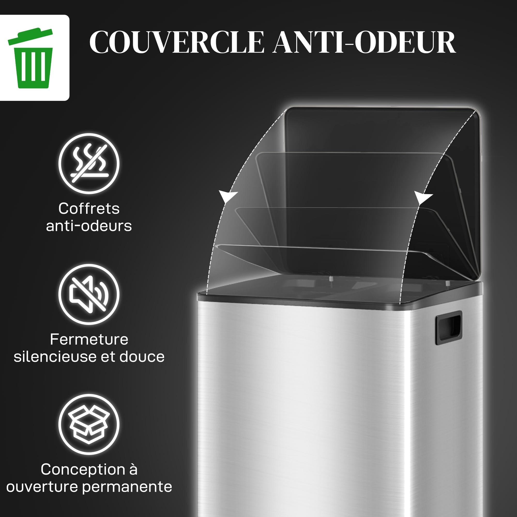 HOMCOM Poubelle de cuisine 2 x 30L à pédale acier inoxydable couvercle fermeture douce seaux amovibles 47,7x37,5x66,8 cm argenté