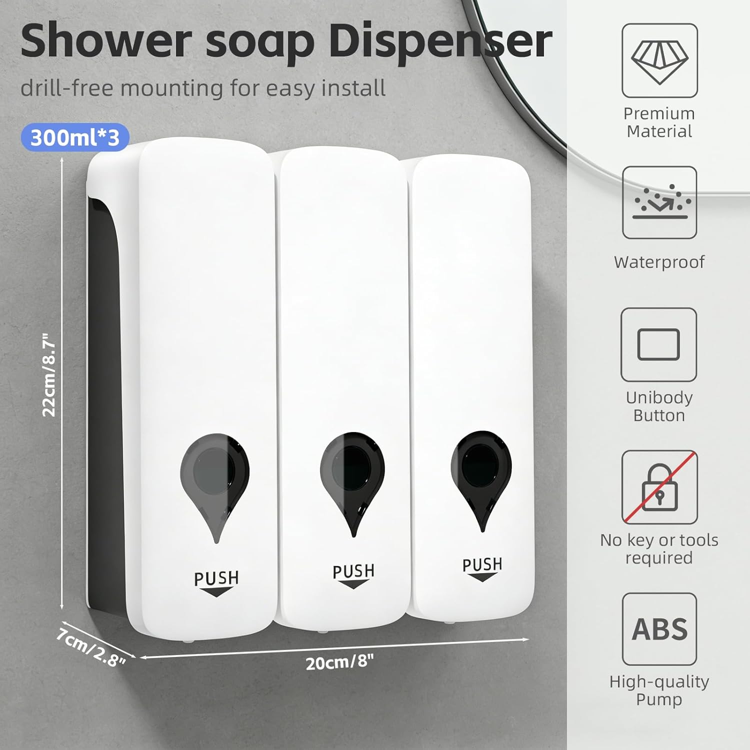 Soap Dispenser Bathroom Shampoo and Conditioner Set 3 Chamber for Shower No Drill Kitchen Hand Liquid Pump Bottle Countertop Body Wash Refillable Wall Mounted Plastic Bath Container White 3x300ml