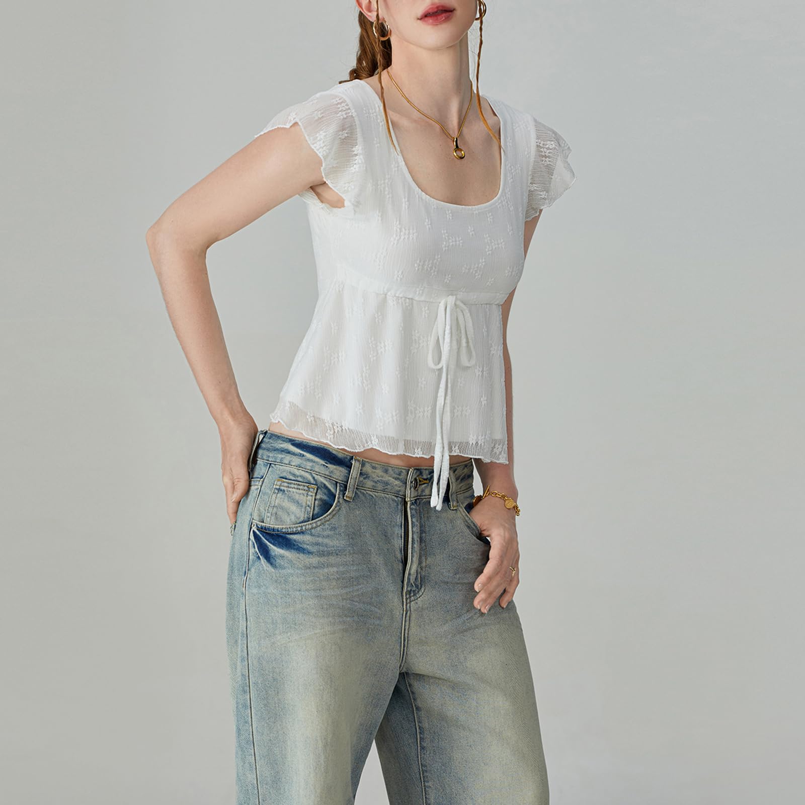 FOMOYUU Top da donna Y2k con scollo quadrato in pizzo e maniche volanti con volant Babydoll camicetta estiva orlo svasato per uscire canotta corta