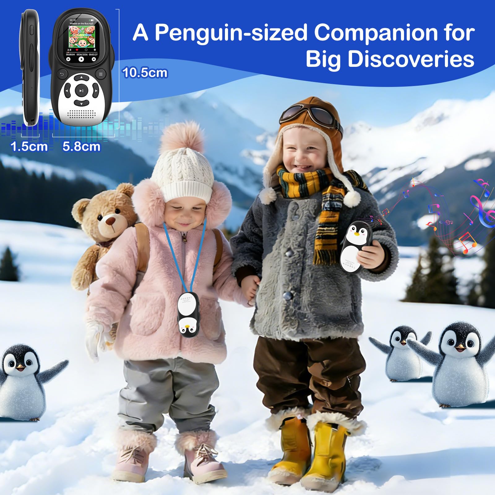 64GB MP3 Player Kinder, Bluetooth 5.3 Lautsprecher Pinguin Design Tragbarer Musikplayer mit 2" IPS Bildschirm, FM Radio, Sprachrecorder, Wecker, 128GB Erweiterbar