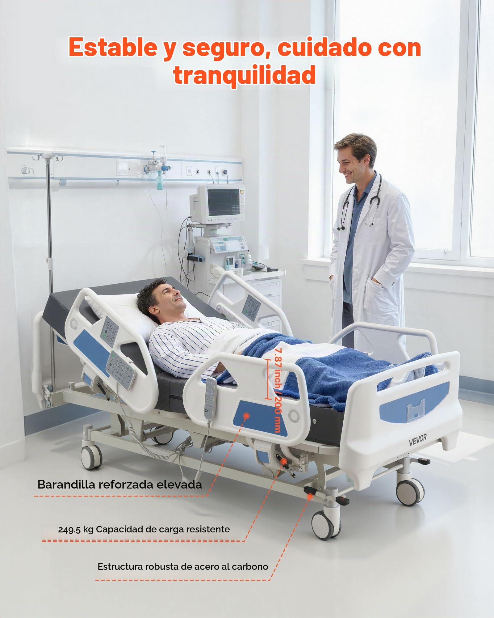 VEVOR Cama de Hospital Eléctrica de 5 Funciones, con Silla Cardíaca Función de RCP y Trendelenburg, Sistema de Cierre Centralizado con Ruedas para Hospitalización en Easa, Capacidad de 250 kg