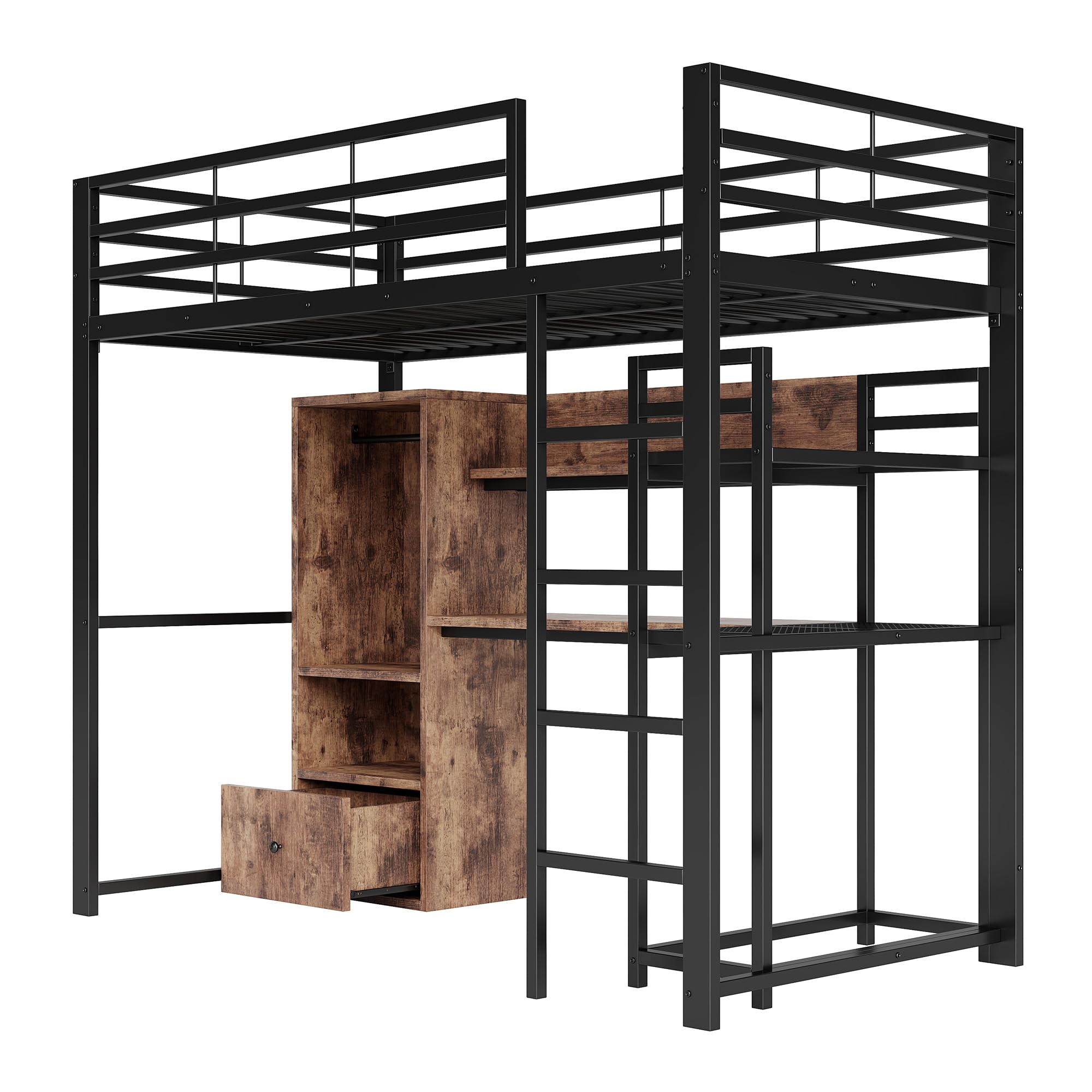 Letto a soppalco 90 x 200 cm, letto per ragazzi in metallo con luci a LED e scrivania, con vano portaoggetti e scaffale, con protezione anti-caduta e scala, senza materasso (nero, 90 x 200 cm)