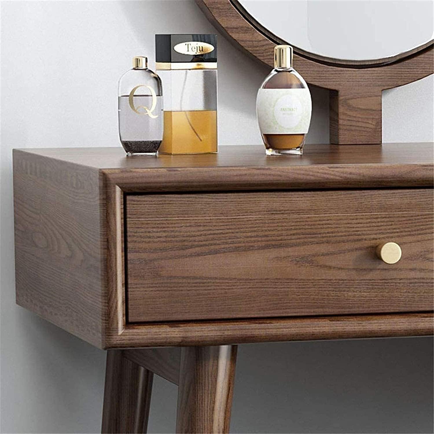 Dressing Table Wood Vanity Benches Set with Round-Mirrors and Upholstered Stool for Bathroom Bedroom Girls for Gift