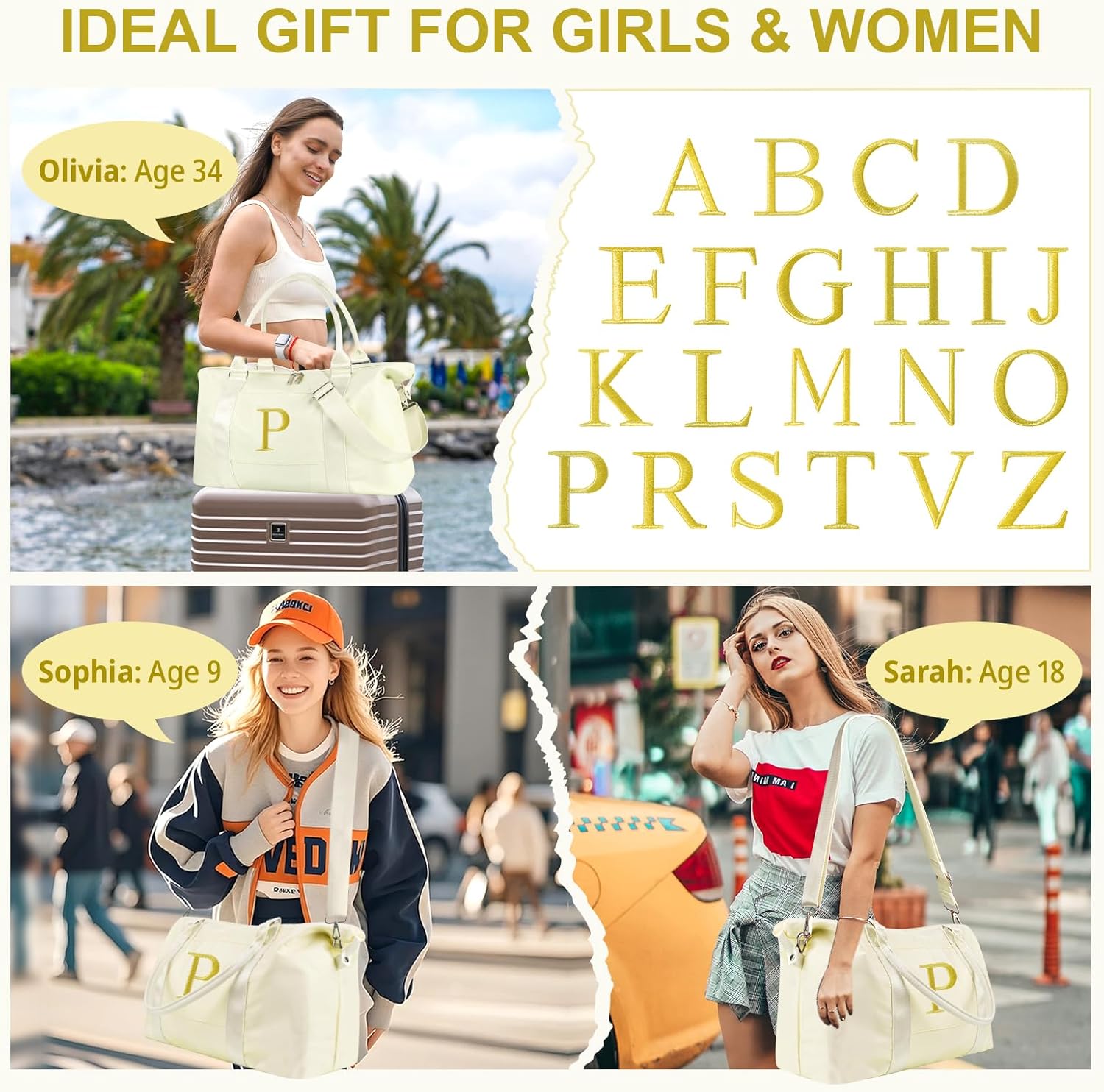 Personalized Initial Gym Dance Bag, Travel Duffel Bag for Teen Girls, Carry On Bag Overnight Weekender Bag with Trolley Sleeve, Birthday Gifts for Women Mom Daughter Graduation Gift(Letter P, Beige)