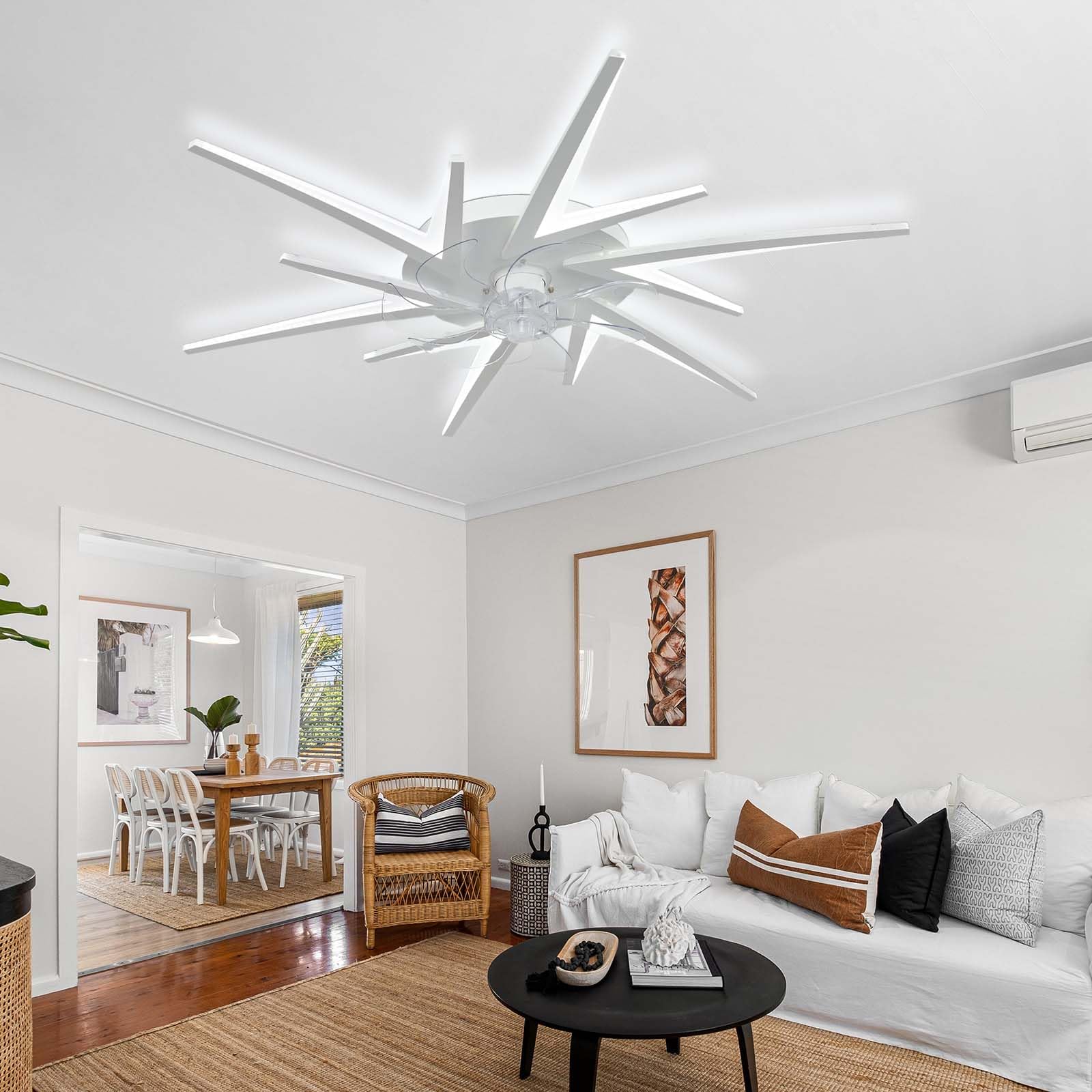 Ventilatore da soffitto moderno bianco da 92 cm con luci LED, controllo tramite app smart e telecomando, luce dimmerabile da 72 W, motore DC silenzioso a 6 velocità, ventilatore reversibile per camer