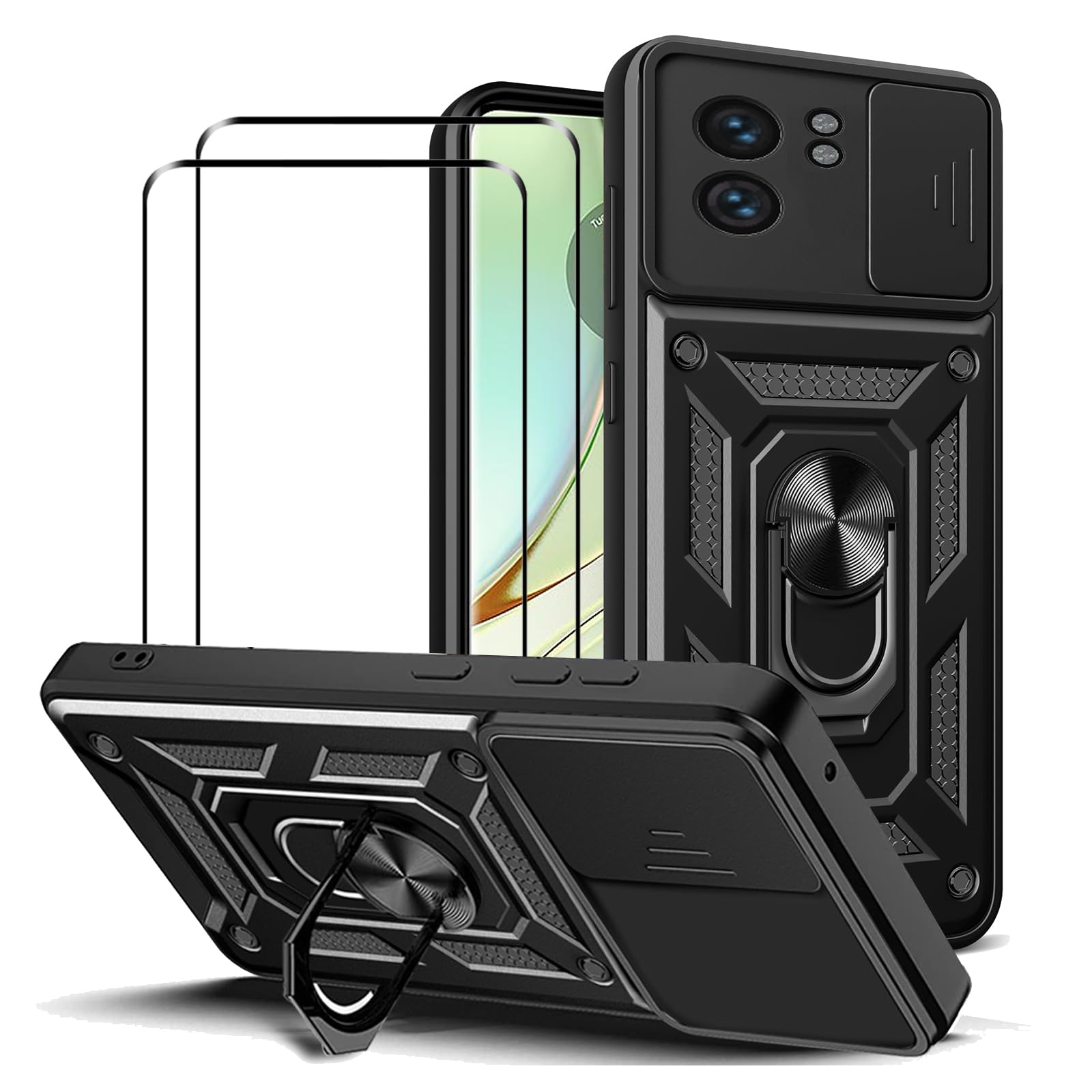 Case for Motorola Edge 40 5G Kickstand Case Cover + Screen Protector (2 Pieces), Black