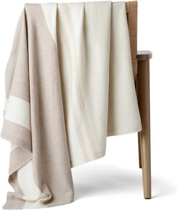 Jet&Bo 100% Pure Cashmere Throw Blanket for Couch, Sofa & Bed, Ultra Soft Woven Cashmere Blanket Throw, Large Full Size 73 x 54 , Off-White, Beige, Brown, Stripe Pattern