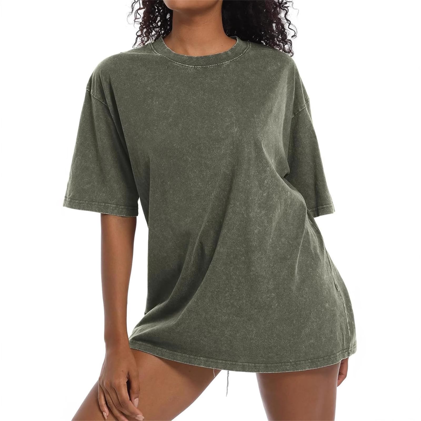 Generisch Luźny t-shirt Baggy Washed Vintage Oversized dla kobiet, swobodny t-shirt z bawełny z krótkimi rękawami
