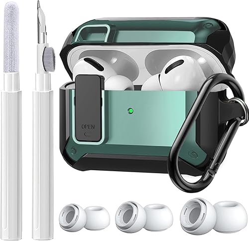 Funda para AirPods Pro 21 Gen, funda protectora resistente con kit limpiador y puntas de repuesto para las orejas (SML), llavero, negroverde