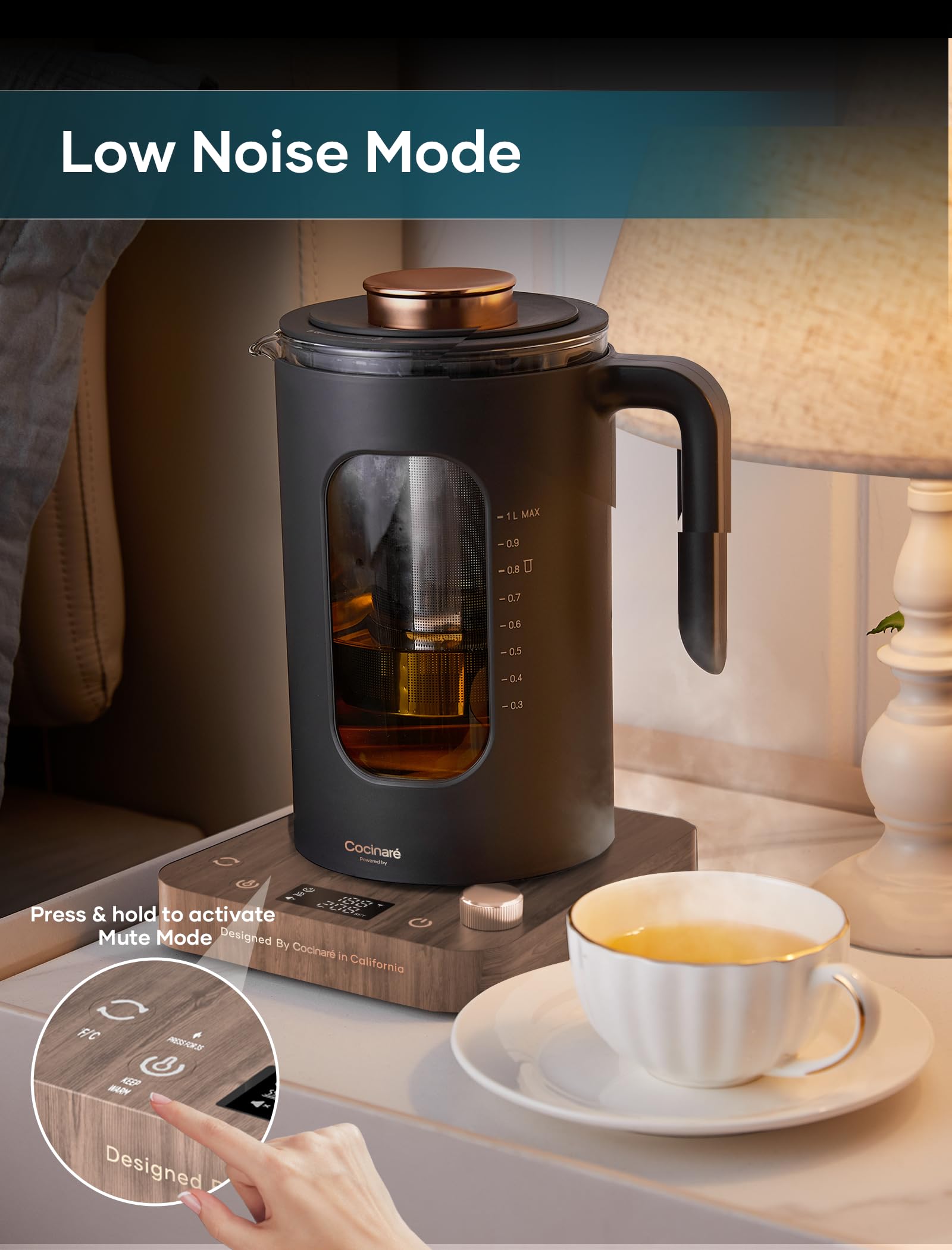 INTASTING Electric Kettle, Electric Tea Kettle with Infuser, 1 Liter | ±1℉ Temperature Control, 1200W Fast Heating, BPA-Free Glass, Easy to Clean, Keep-warm, Auto shut-off, Wood