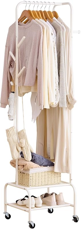 Heavy Duty Clothing Rack with Wheels, Garment Rack, Freestanding Coat Rack with 6 Hooks for Entryway, Bedroom Metal Clothes Hanger Stand for Hats, Jackets, Bags,Shoes (White, Double-layer)